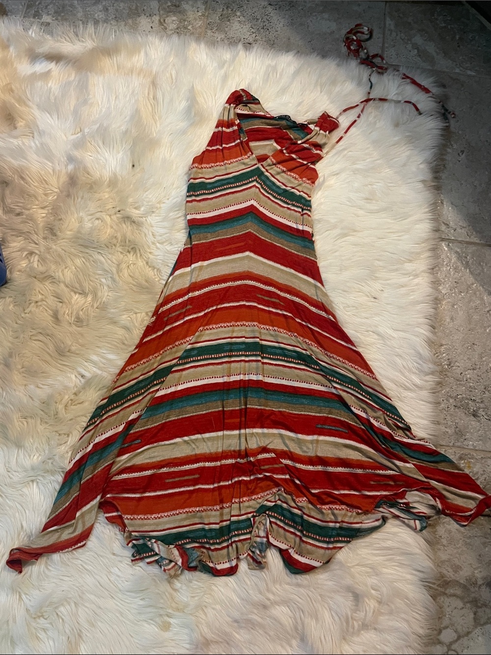 Lauren Ralph Lauren One-Shoulder Striped Red, Teal & Cream Dress
